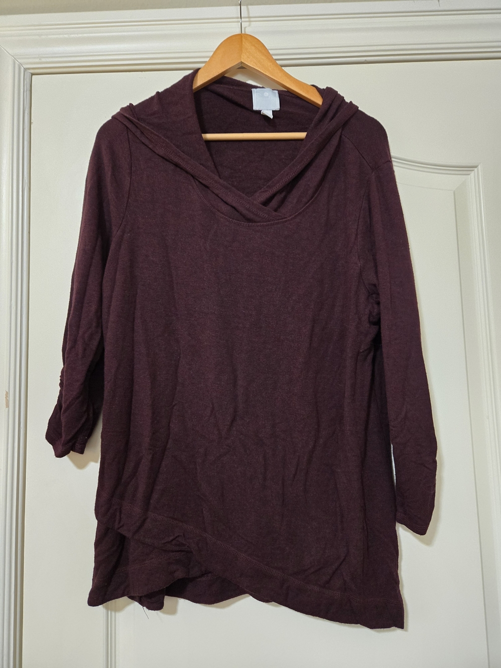 Sunday Draped Hooded Tunic Sweater Pullover Deep Plum